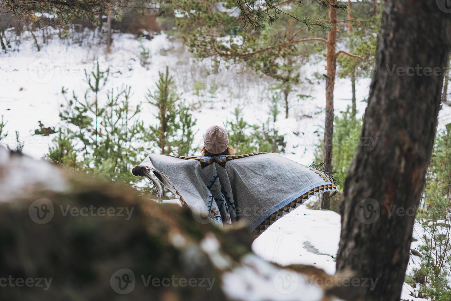 Young brunette beautiful woman in hat and grey poncho walking in the winter forest photo