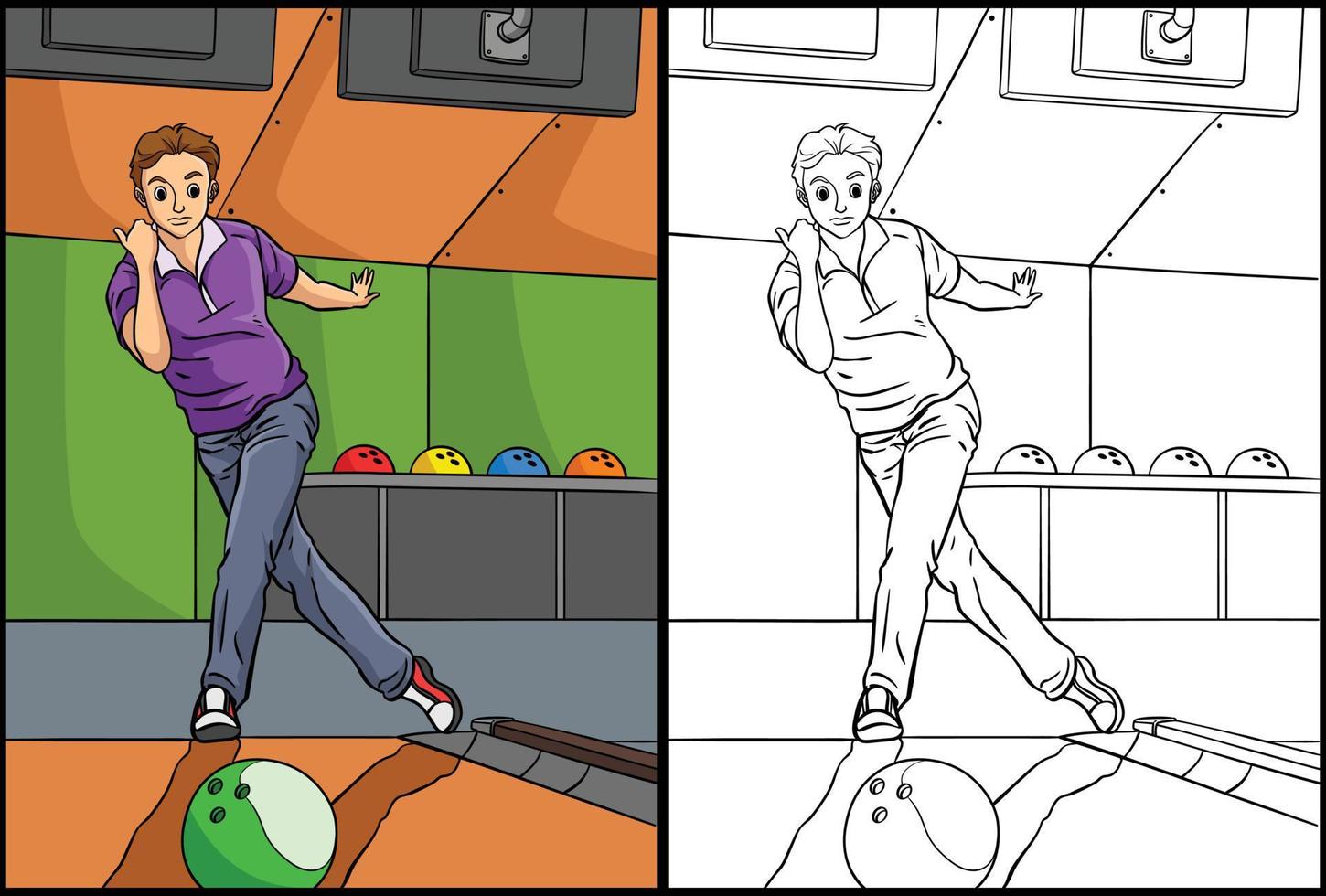 Bowling Coloring Page Colored Illustration vector