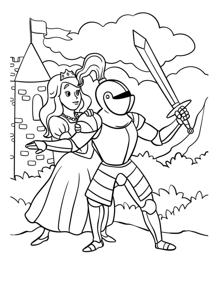 Knight Protecting the Princess Coloring Page vector