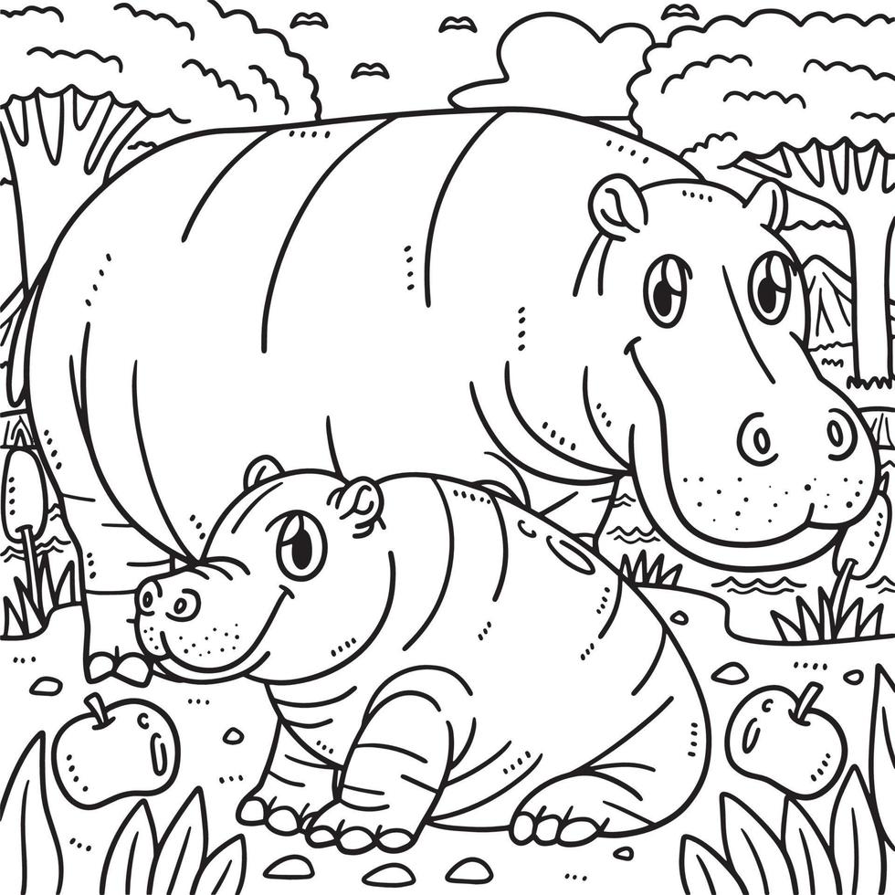 Mother Hippo and Baby Hippo Coloring Page for Kids vector