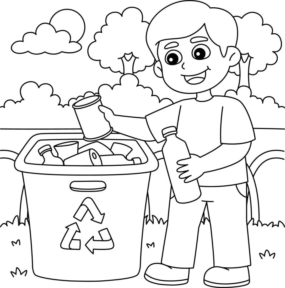 niño reciclando página para colorear para niños vector