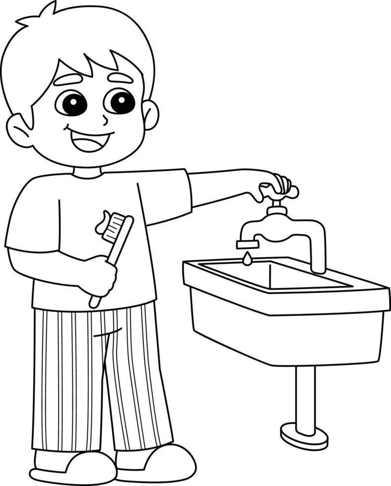 niño conservando agua aislado página para colorear vector