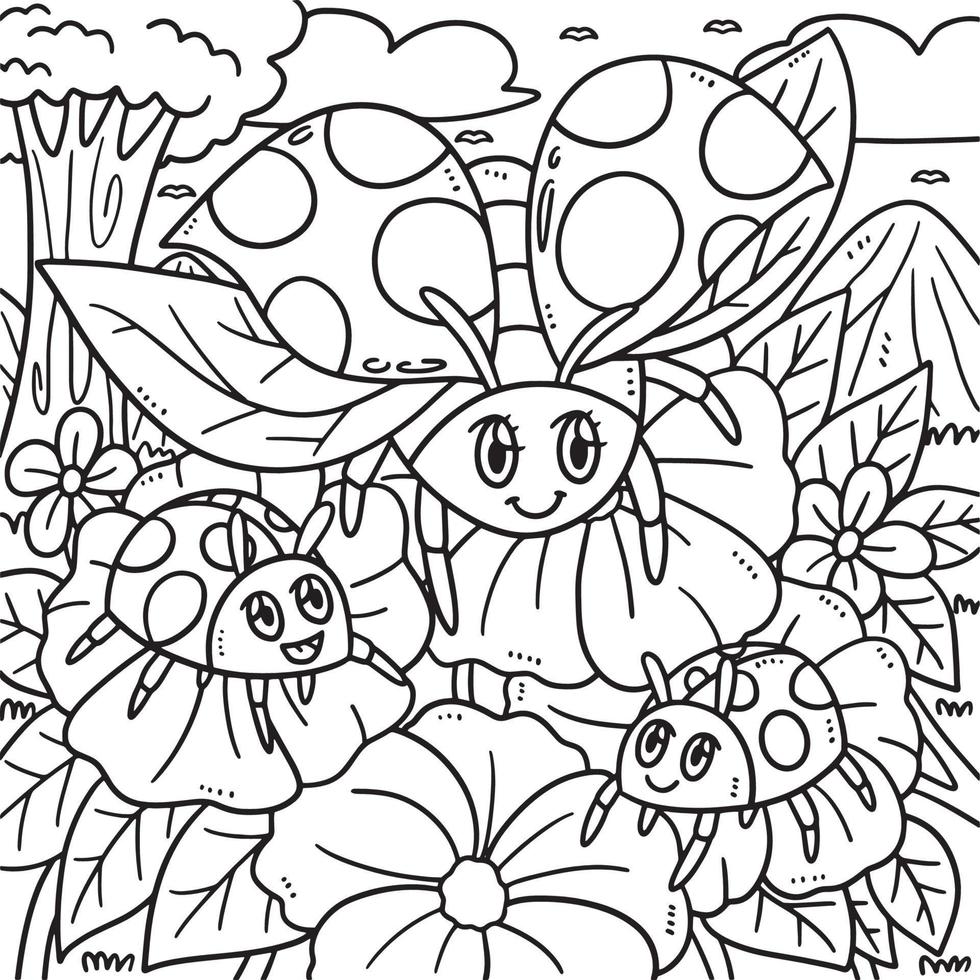 Mother Ladybug and Baby Lady Beetles Coloring Page vector