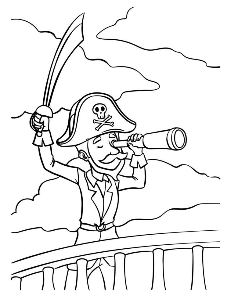 Pirate Holding Sword and Telescope Coloring Page vector