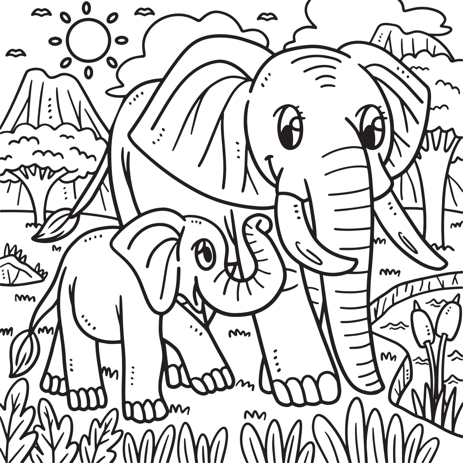 Mother Elephant and Baby Elephant Coloring Page 17022950 Vector Art at