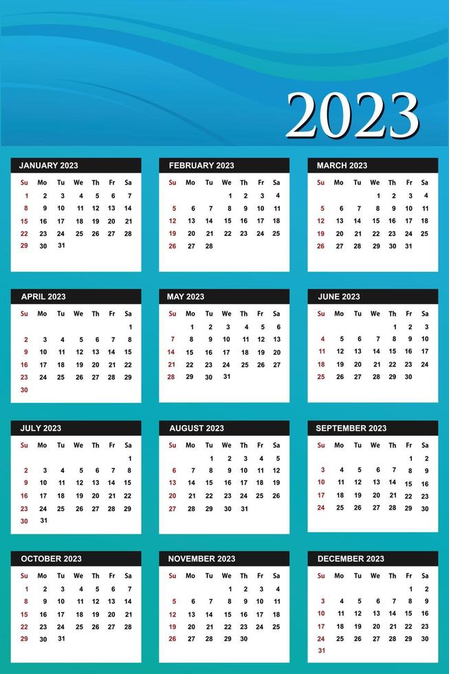 Calendar year 2023 vector design template, simple and clean design. Calendar for 2023on White Background for organization and business. Week Starts Sunday. Simple Vector Template. EPS10. 2023