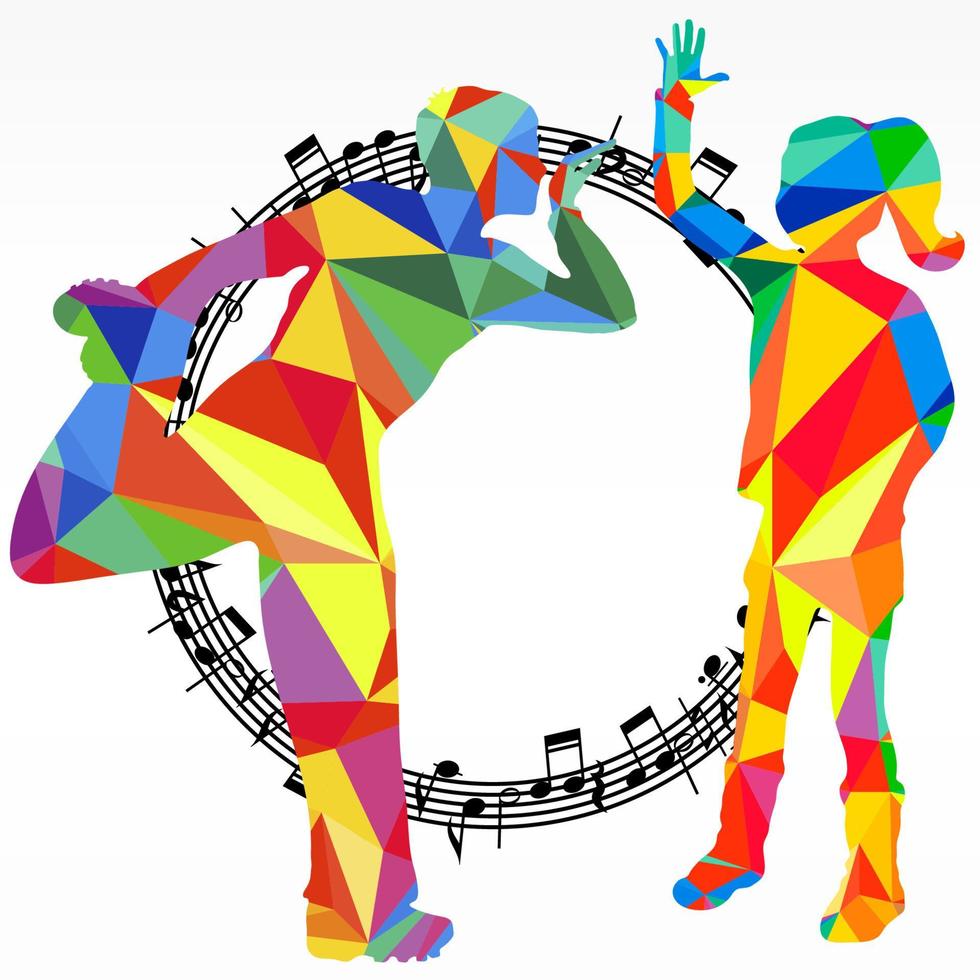 Polygon silhouettes dancing people and melody circle, vector music battle party background.