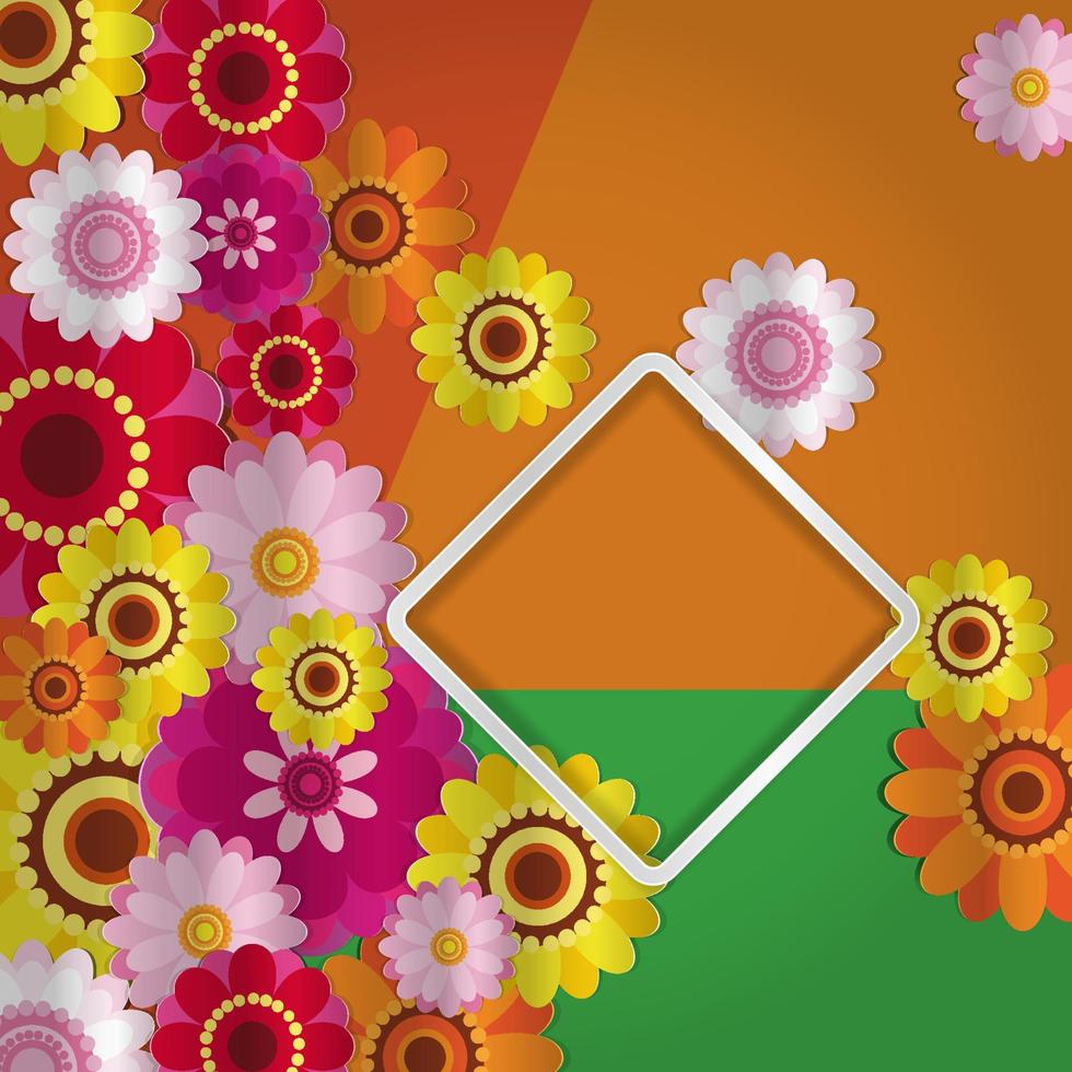 Spring congratulatory floral background. Festive paper flowers on a square light frame. Trendy green and orange background. Vector greeting card with a holiday on March 8, Mother's Day, birthday.