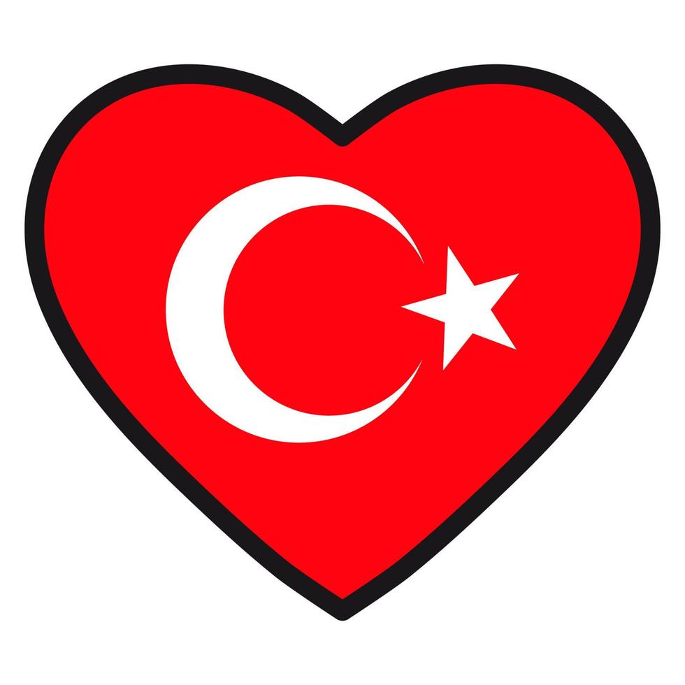 bandera de turquía en forma de corazón con contorno contrastante, símbolo de amor por su país, patriotismo, ícono del día de la independencia. vector