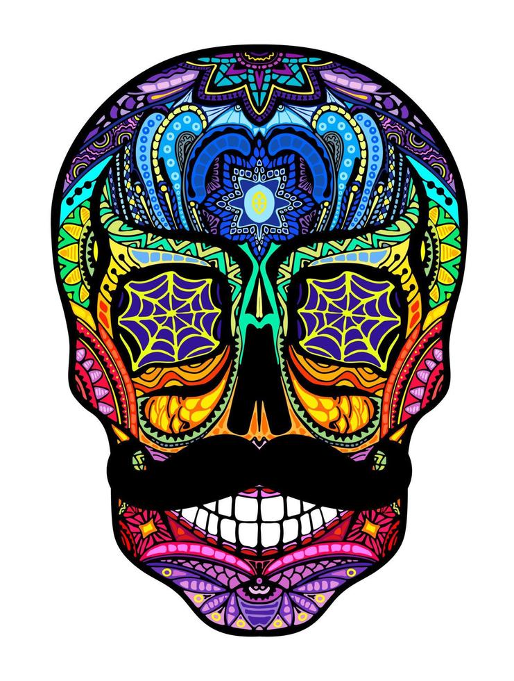 Tattoo colorful skull with a mustache, black and white vector illustration on white background, Day of the dead symbol.