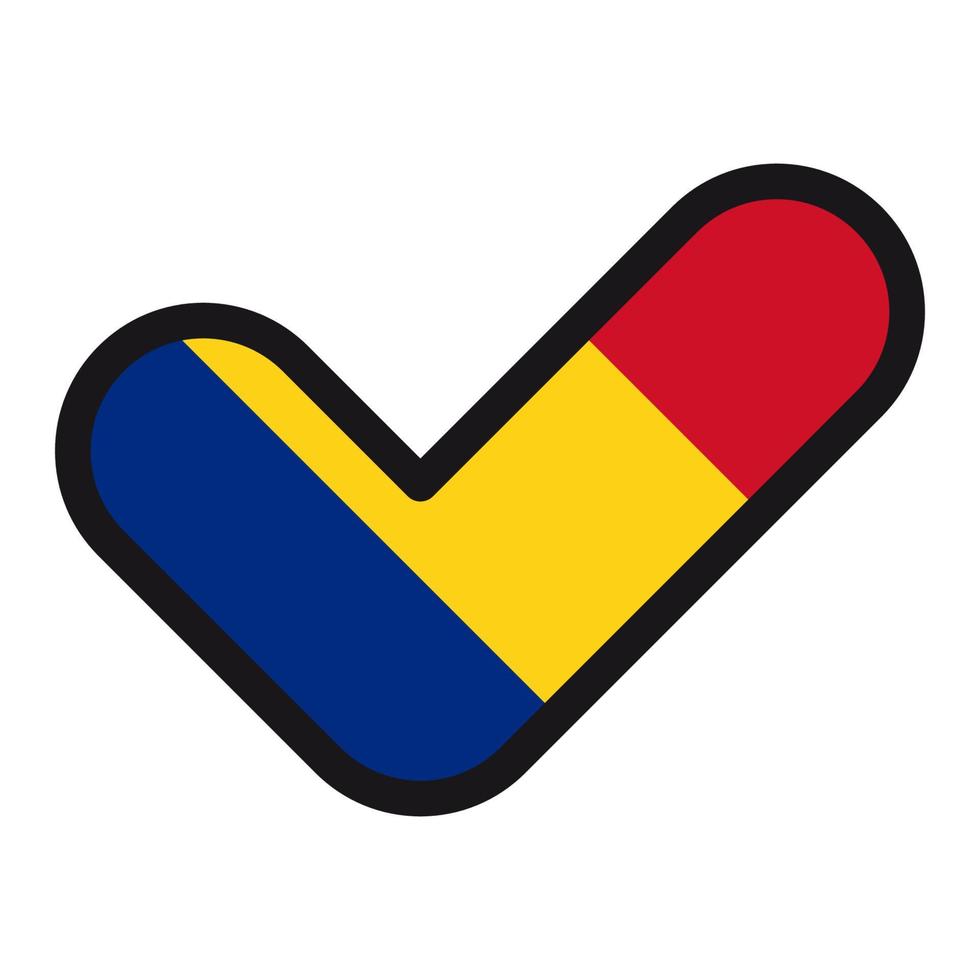 Flag of Romania in the shape of check mark, vector sign approval, symbol of elections, voting.