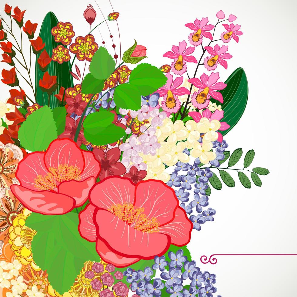 Vector illustration greeting card beauty and fashion. Background with flowers and leaves.