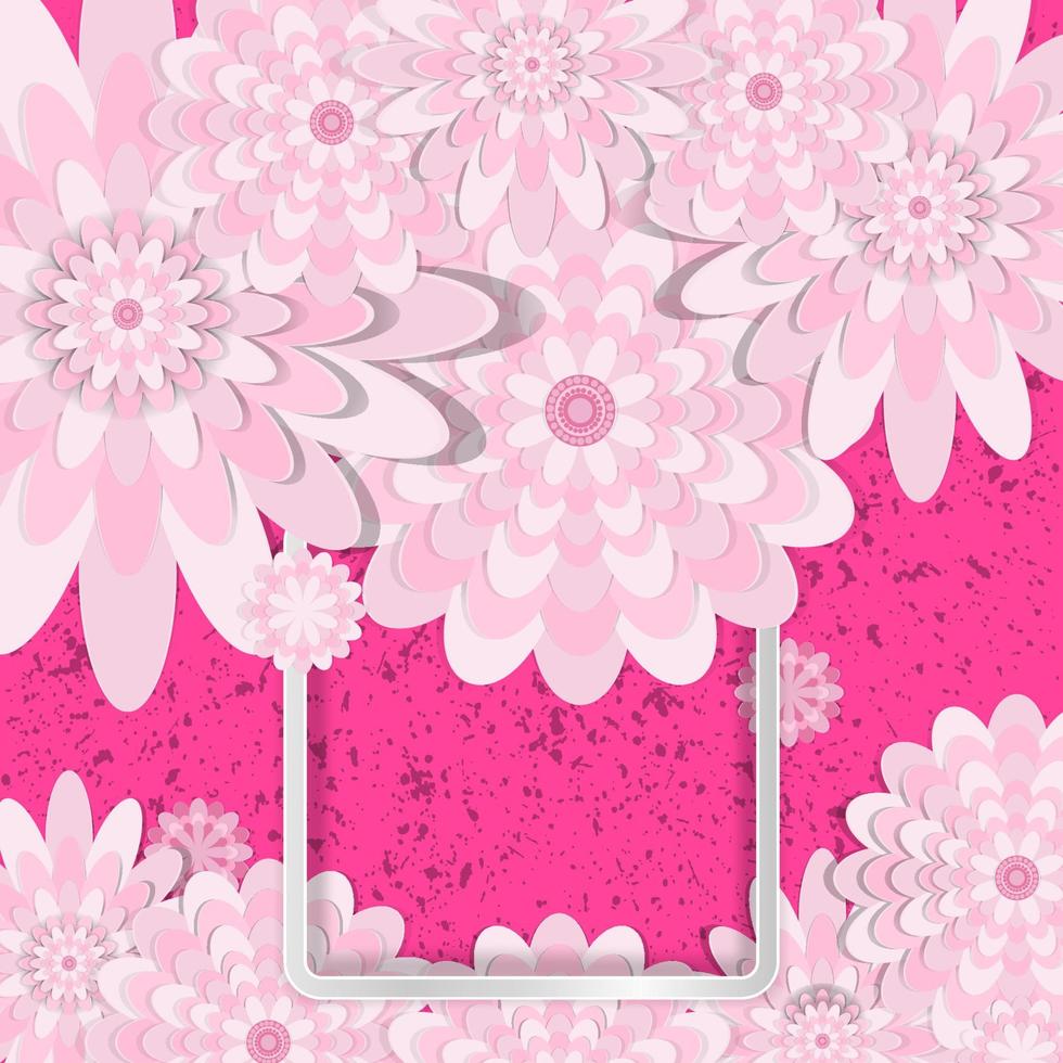 Spring congratulatory floral background. Festive paper flowers on a square light frame. Grunge bright pink background. Vector greeting card with a holiday
