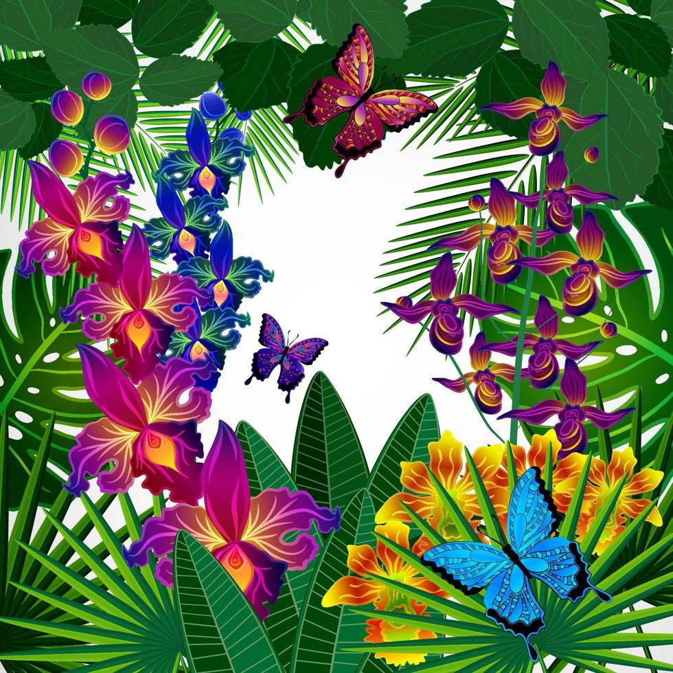 fondo de diseño floral. flores de orquídeas tropicales, hojas y mariposas. vector