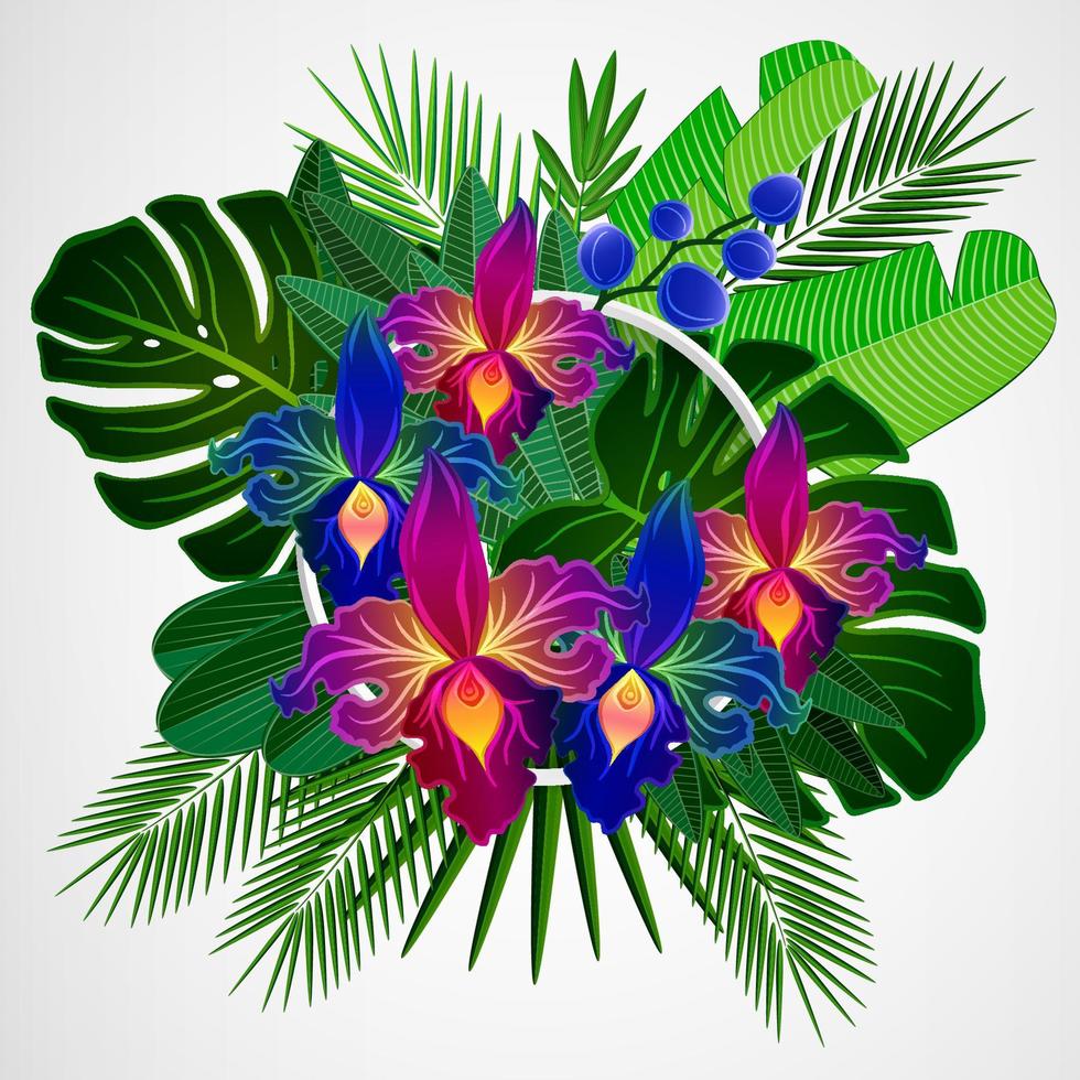 Tropical leaves with yellow orchid flowers and white frame on isolate background. vector