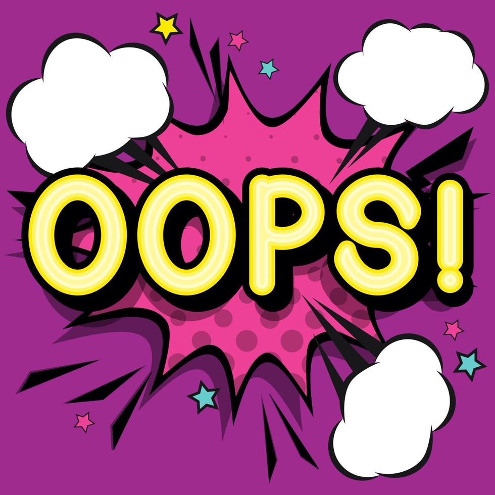 Oops - retro lettering with shadows, halftone pattern on retro poster  background. Vector bright illustration in vintage pop art style.