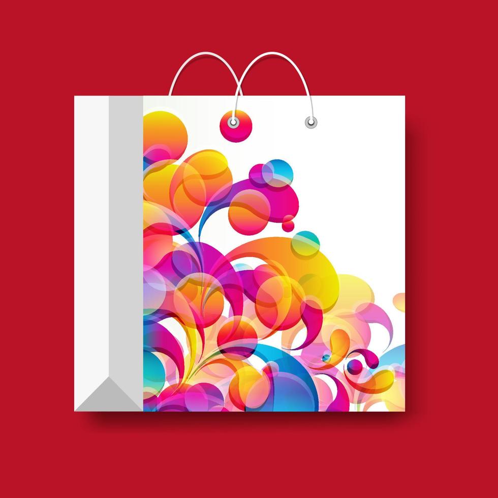 Shopping paper bag, vector marketing symbol isolated on a red background.