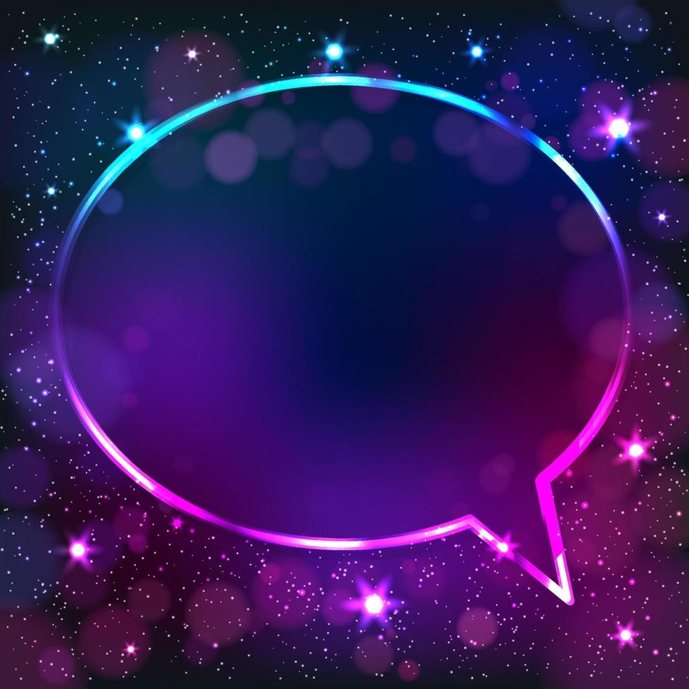 Colorful neon speech bubble frame on a dark star background, vector abstract illustration.