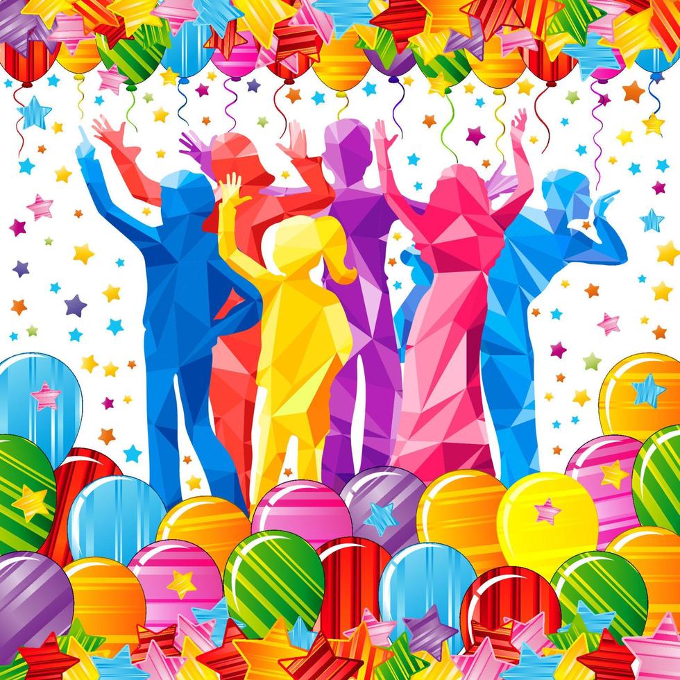 Children's dancing polygonal silhouettes on a white background in a frame made of bright colorful stars and balloons. Festive vector poster.