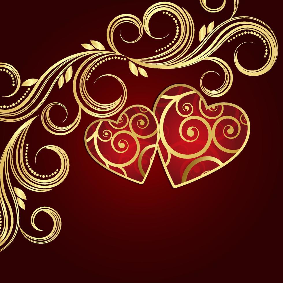 Valentine's day red background with hearts and golden floral swirls. vector