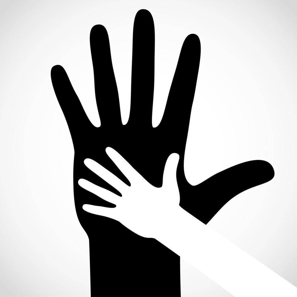 Black color big hand and white small hand vector concept. Help symbol hands vector support emblem. Vector hands icon illustration. Education, health care, medical, design element.