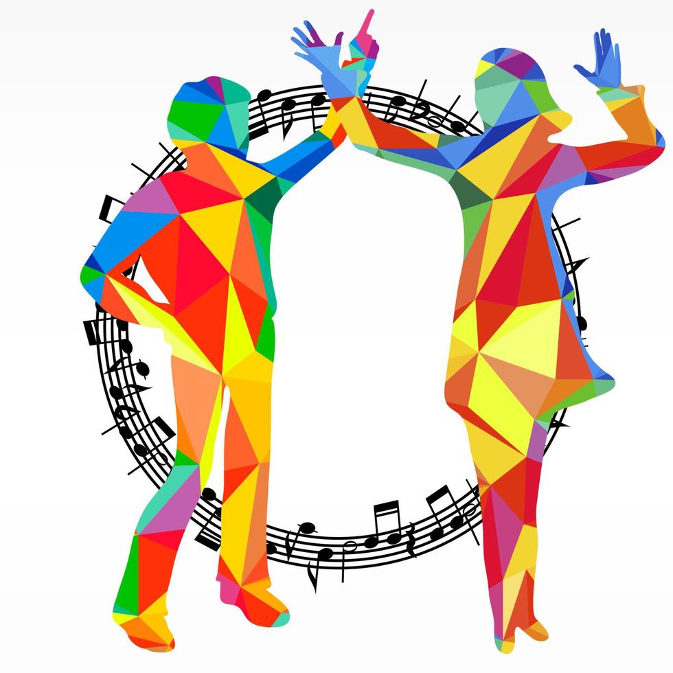 Polygon silhouettes dancing people and melody circle, vector music battle party background.