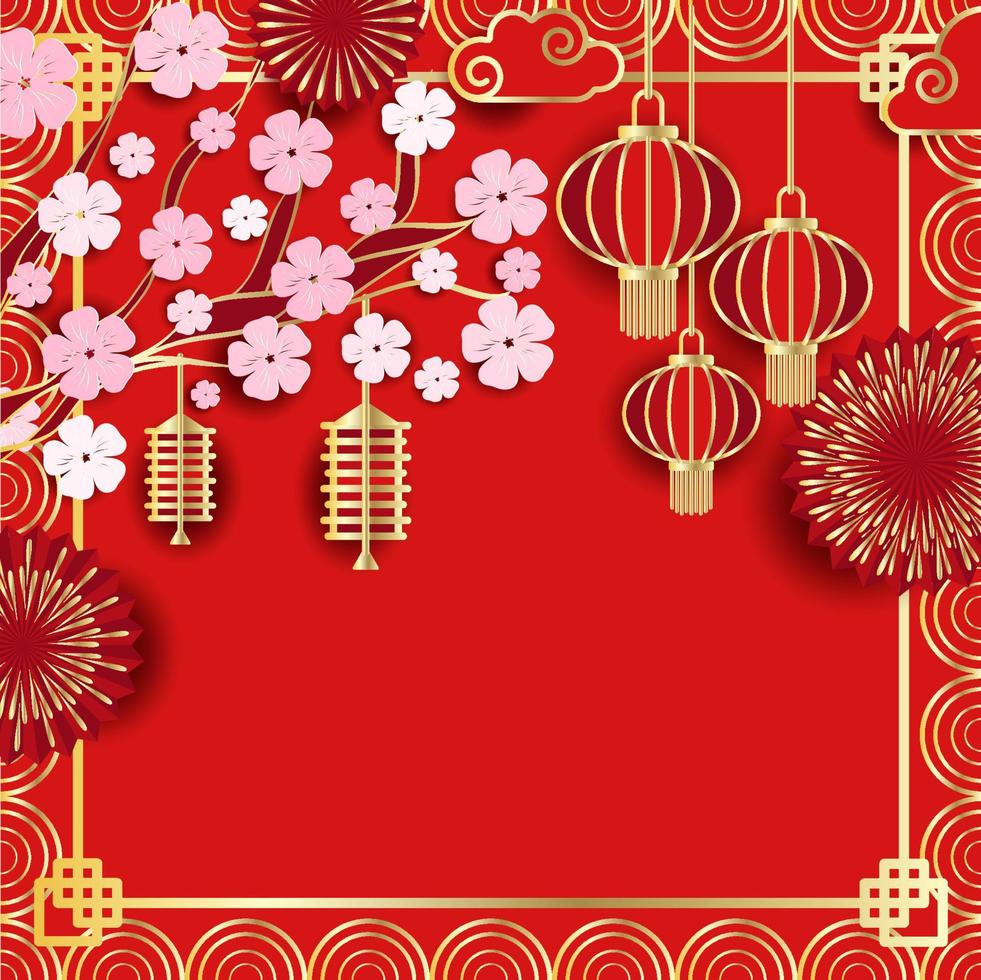 Festive luxury red gold background. New Year, Chinese New Year. Frame made of Chinese lanterns, fireworks, tree flower branches and space for your text vector