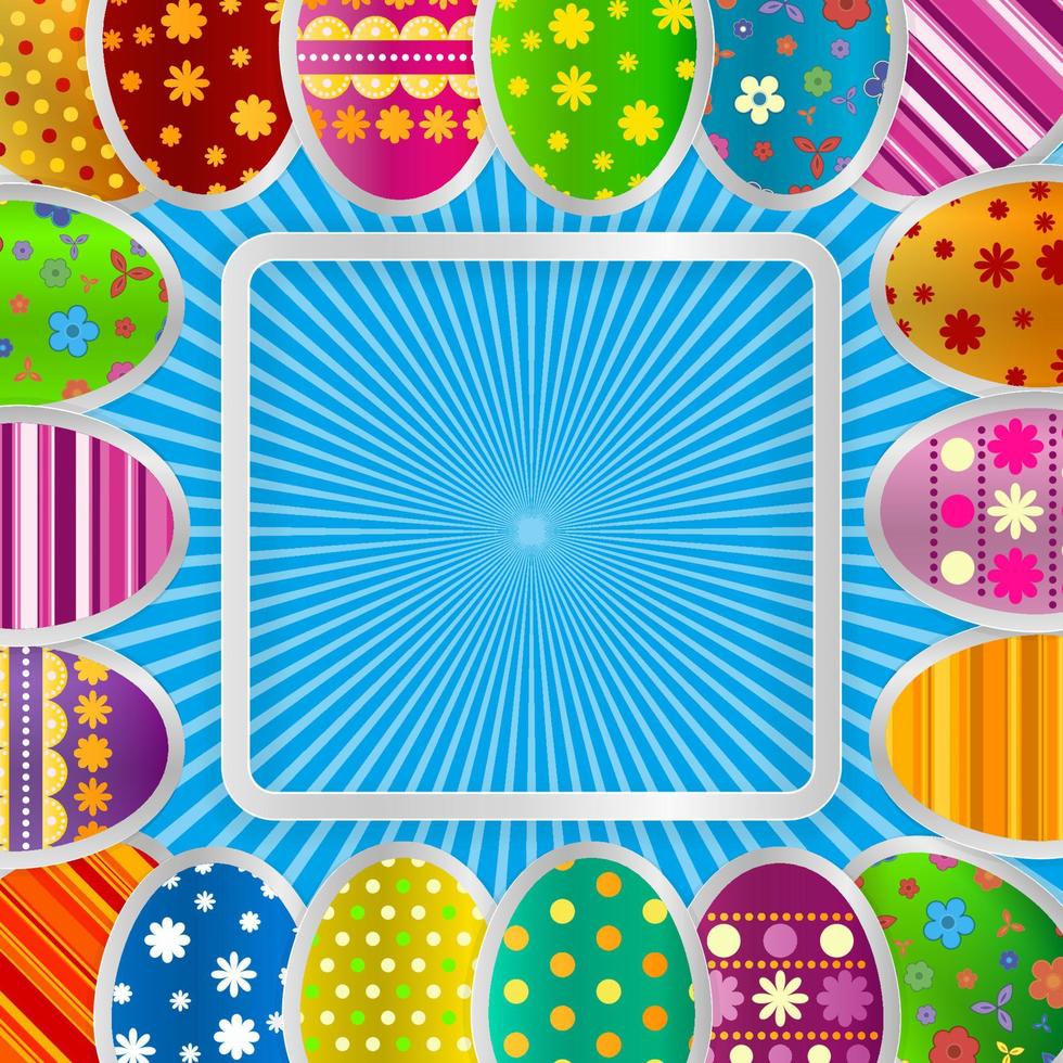 Spring greeting background with Easter eggs. Festive paper images of eggs on a square light frame. Light blue rays on a blue background. Vector greetings card with the Happy Easter