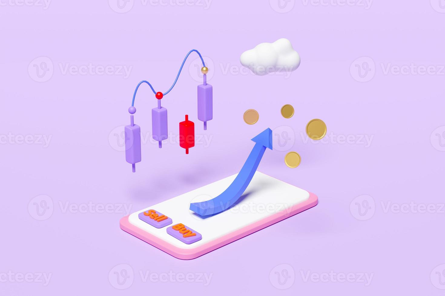 mobile phone, smartphone with charts and graph, analysis business financial data, Online marketing, cloud, coins isolated on purple background. 3d illustration or 3d render, clipping path photo