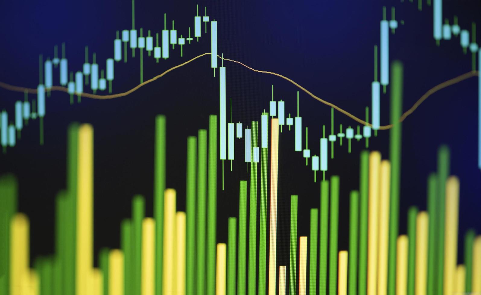 Gráficos de gráficos bursátiles en el precio de la bolsa de valores con inversión de fondo digital financiero comercial: acciones de velas o indicador de comercio de divisas en el monitor de la computadora para los inversores foto