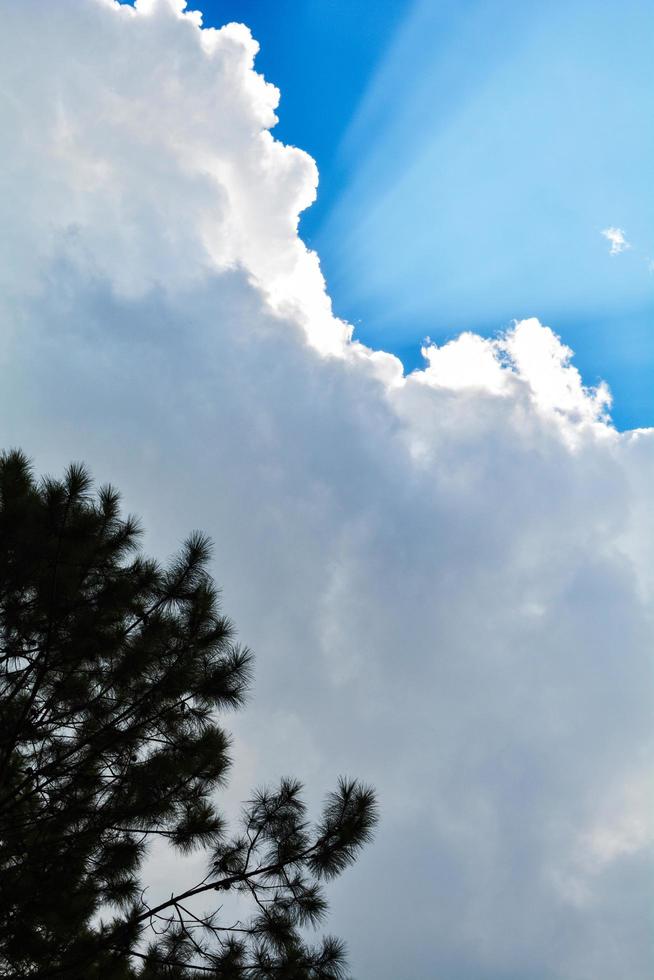 rayos de sol brillando con nubes y fondo de cielo azul foto