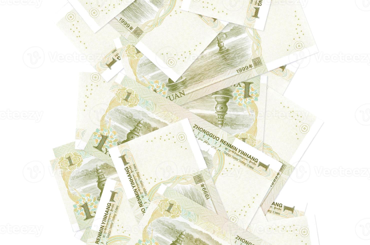 1 Chinese yuan bills flying down isolated on white. Many banknotes falling with white copyspace on left and right side photo
