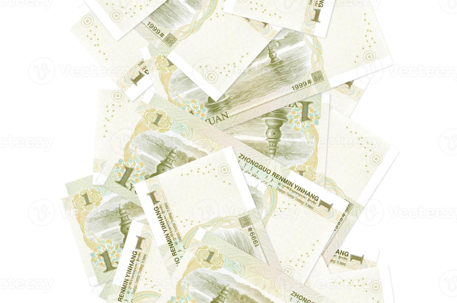 1 Chinese yuan bills flying down isolated on white. Many banknotes falling with white copyspace on left and right side photo