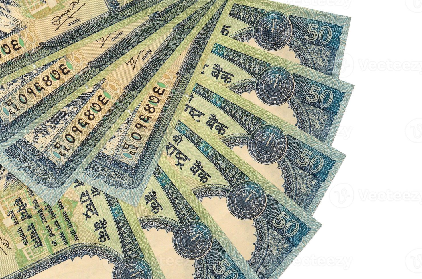 50 Nepalese rupees bills lies isolated on white background with copy space stacked in fan shape close up photo