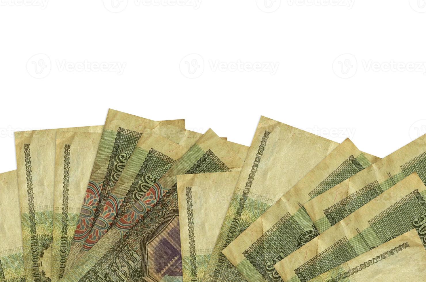 500 russian rubles bills lies on bottom side of screen isolated on white background with copy space. Background banner template photo