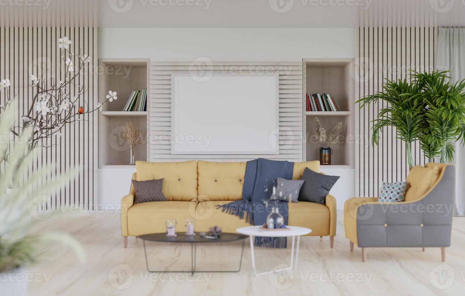 3D mockup blank photo frame in living room rendering