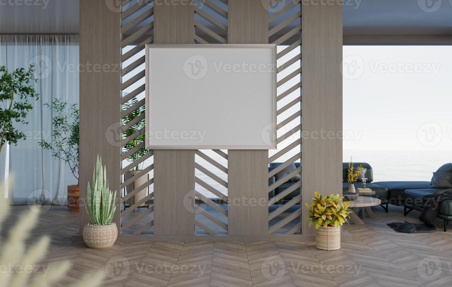 3D mockup blank photo frame in living room rendering