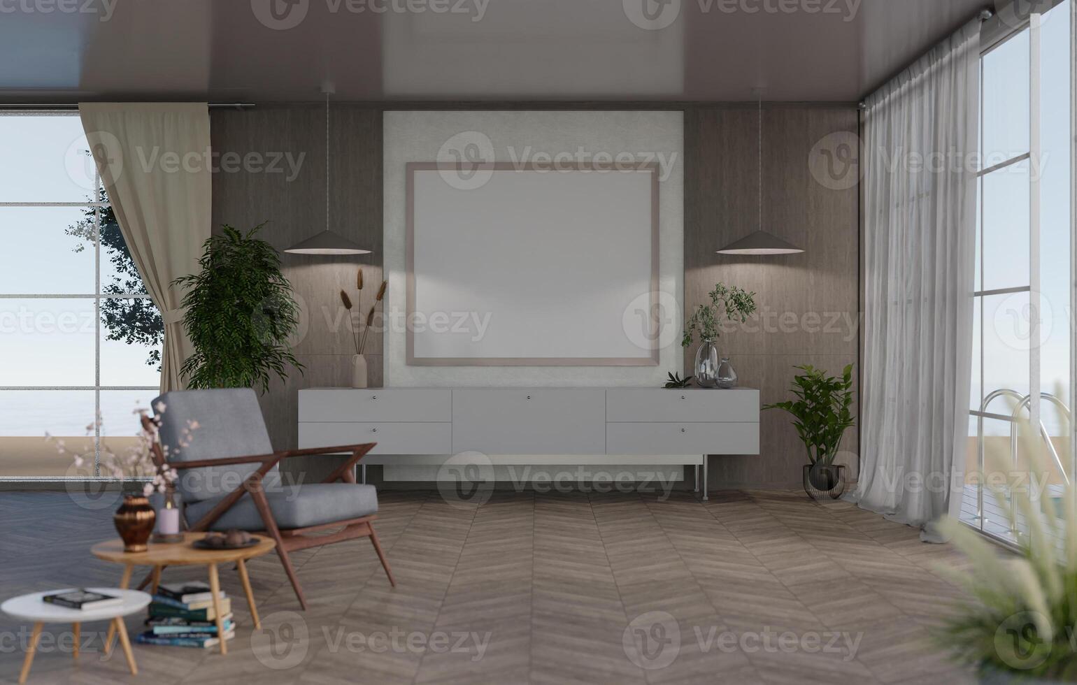 3D mockup blank photo frame in living room rendering