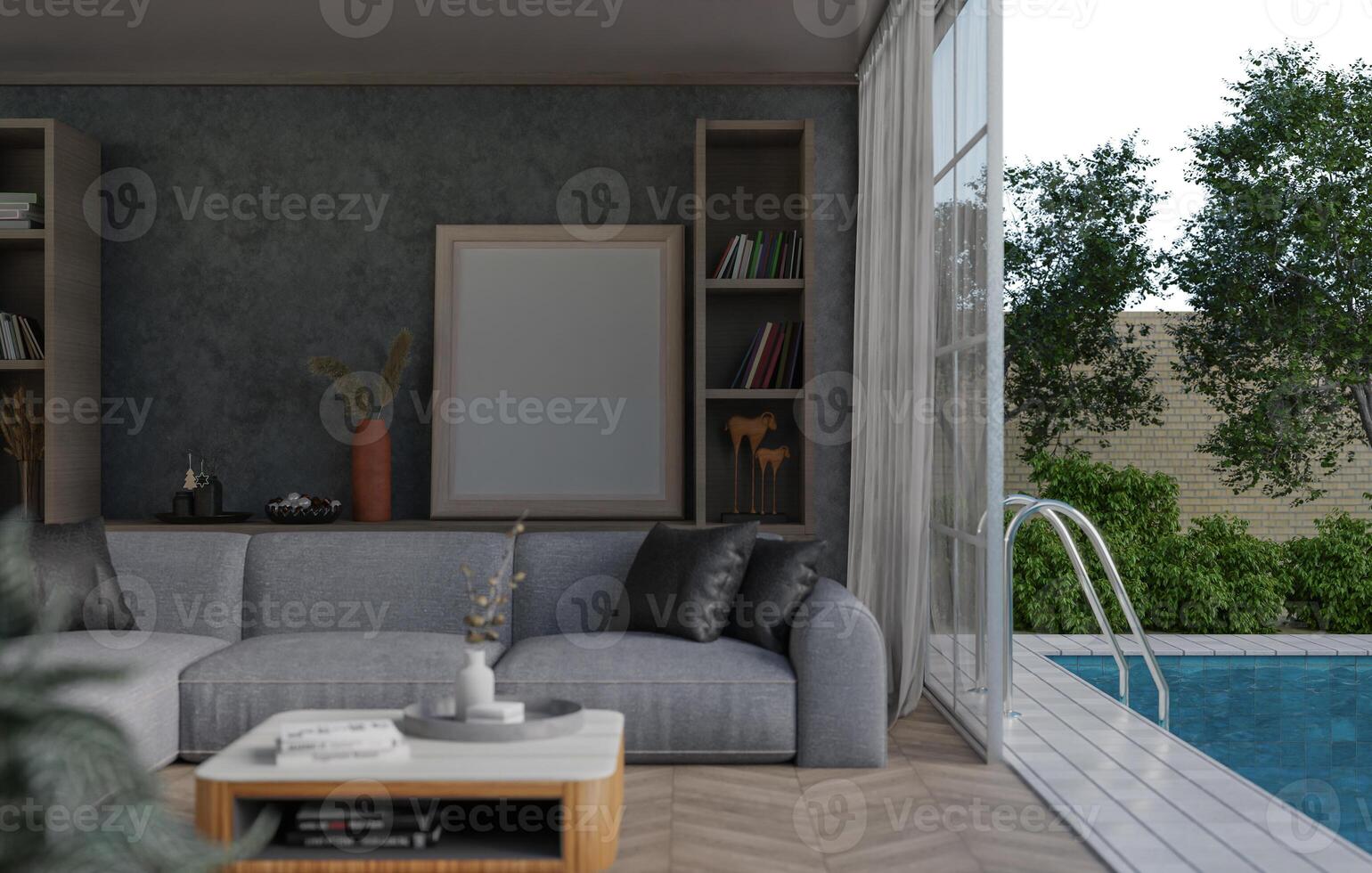 3D mockup blank photo frame in living room rendering