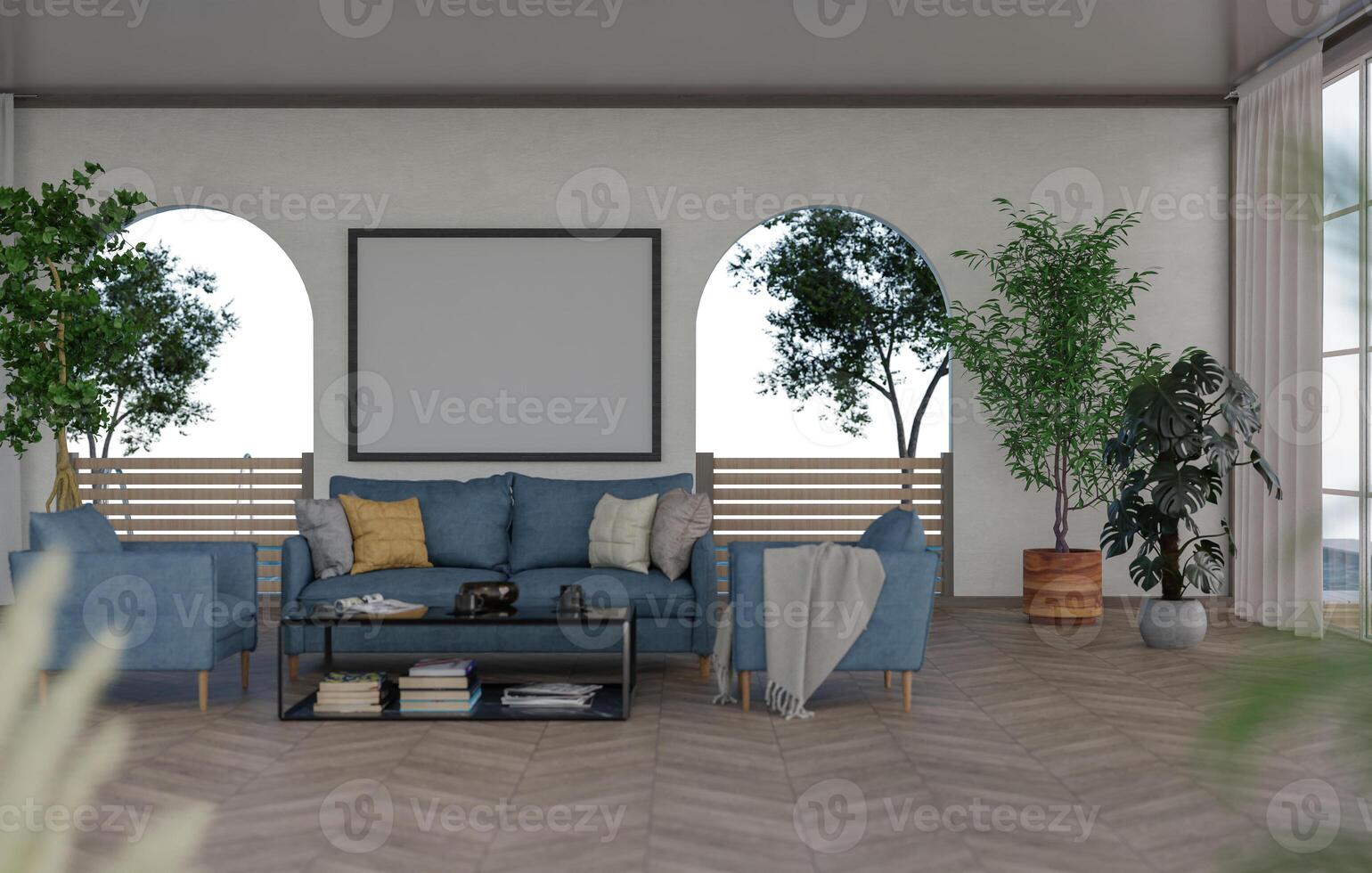 3D mockup blank photo frame in living room rendering