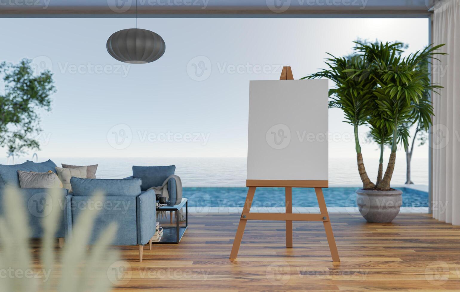 3D mockup blank photo frame on tripod near swimming pool