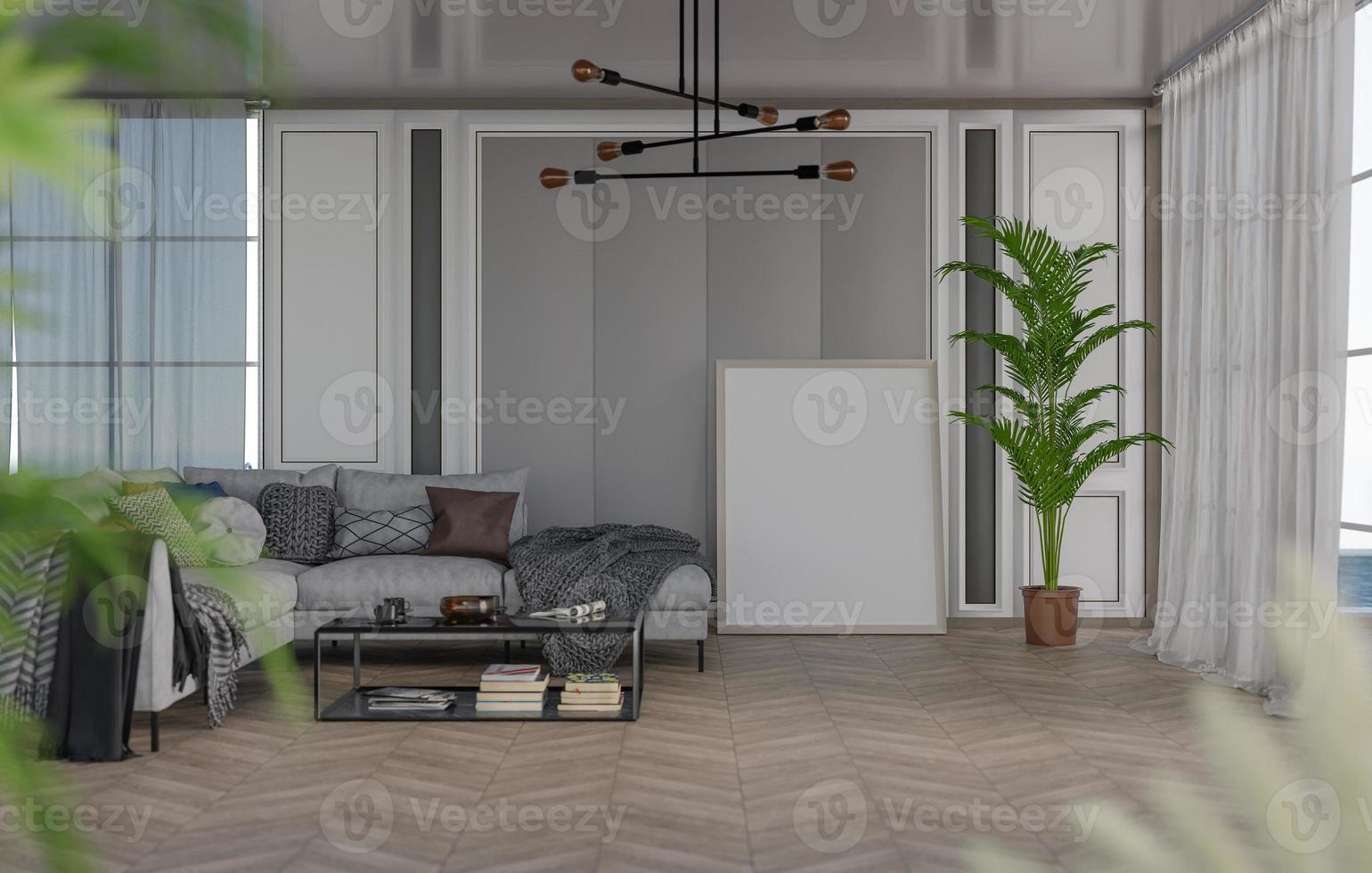 Marco de fotos en blanco de maqueta 3d en la representación de la sala de estar