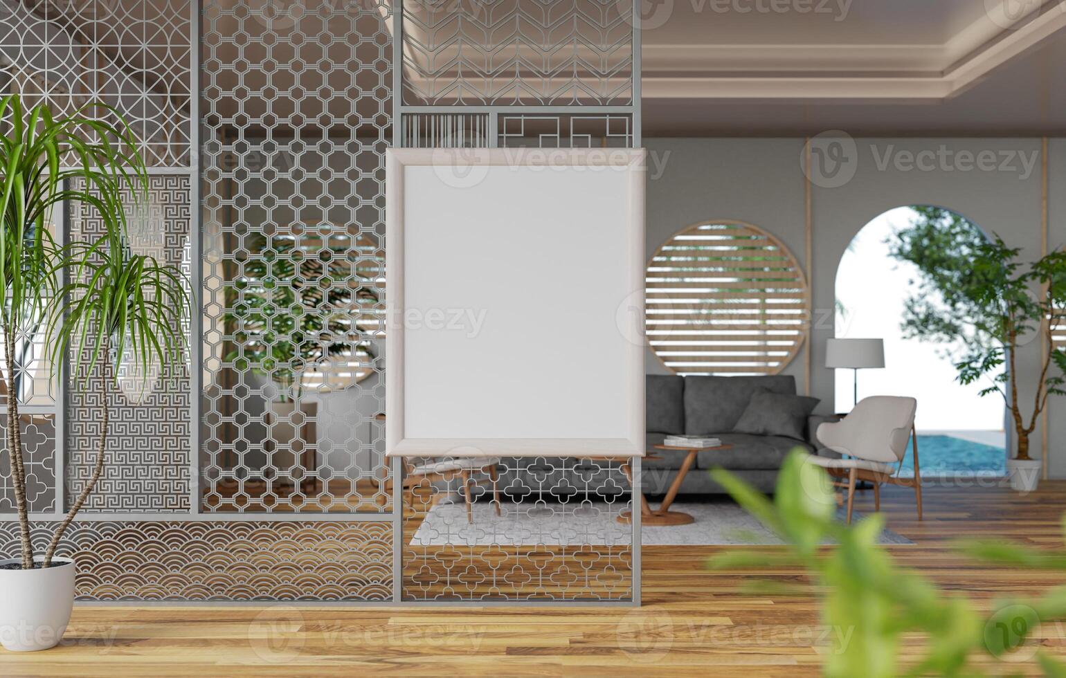 3D mockup blank photo frame in living room rendering