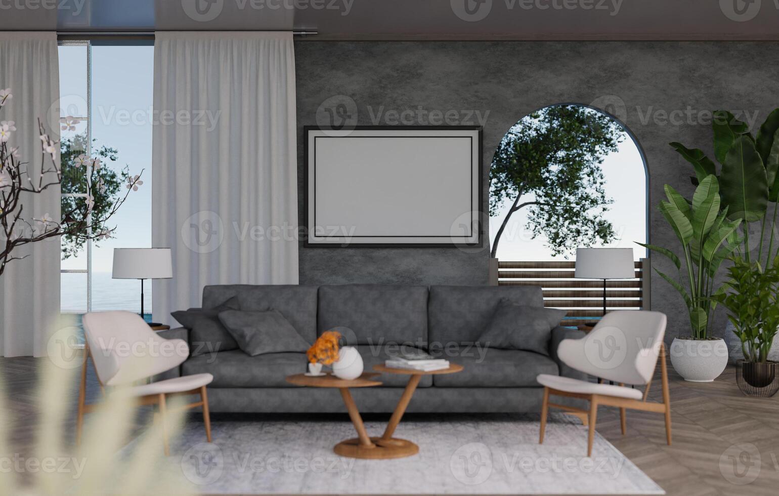 3D mockup blank photo frame in living room rendering