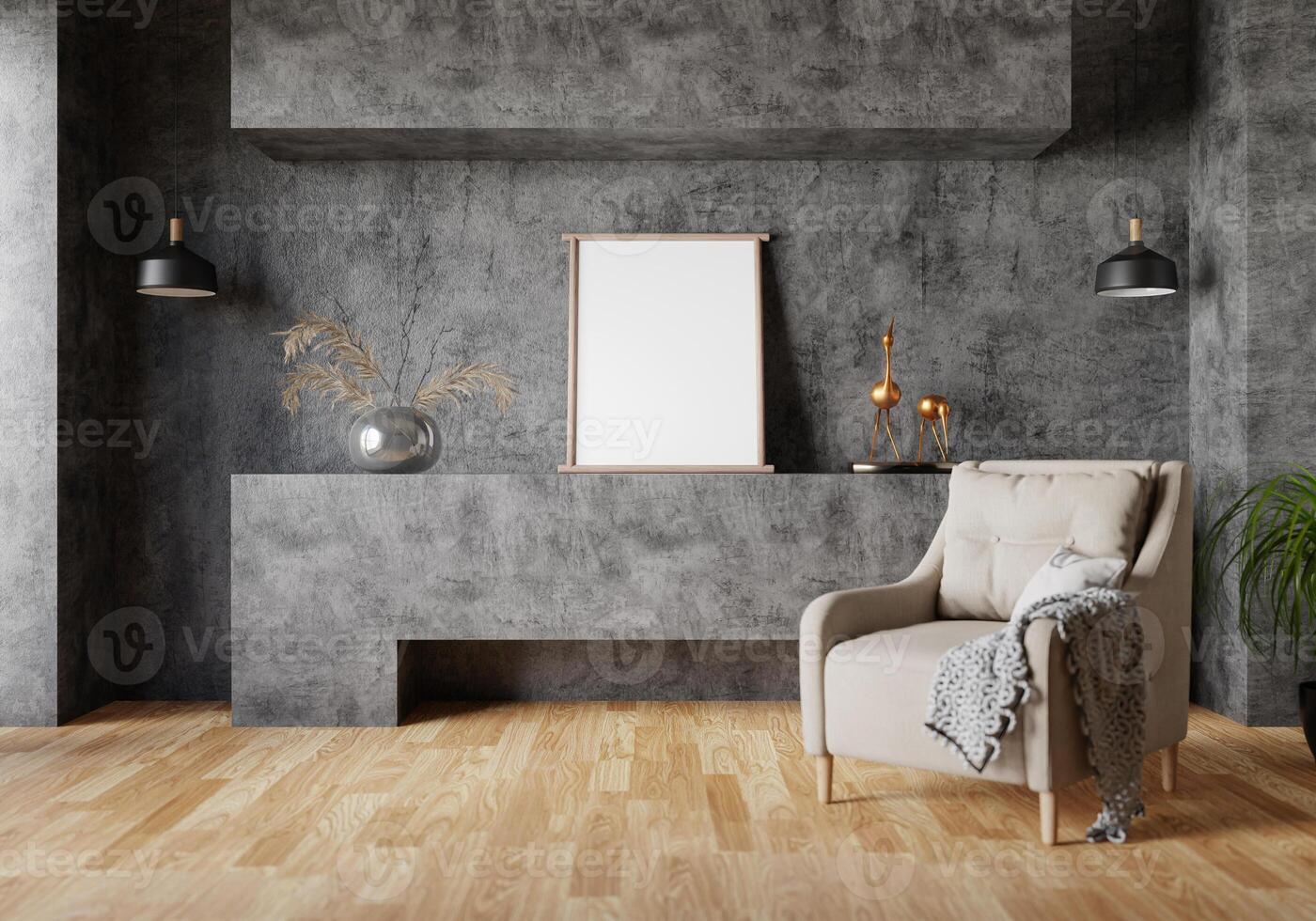 3D mockup blank photo frame in living room rendering