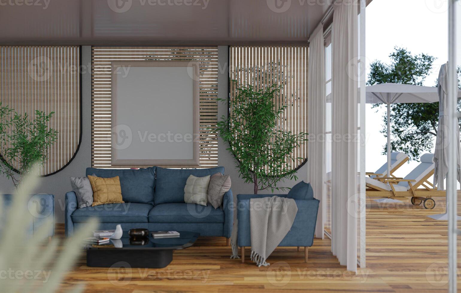 3D mockup blank photo frame in living room rendering