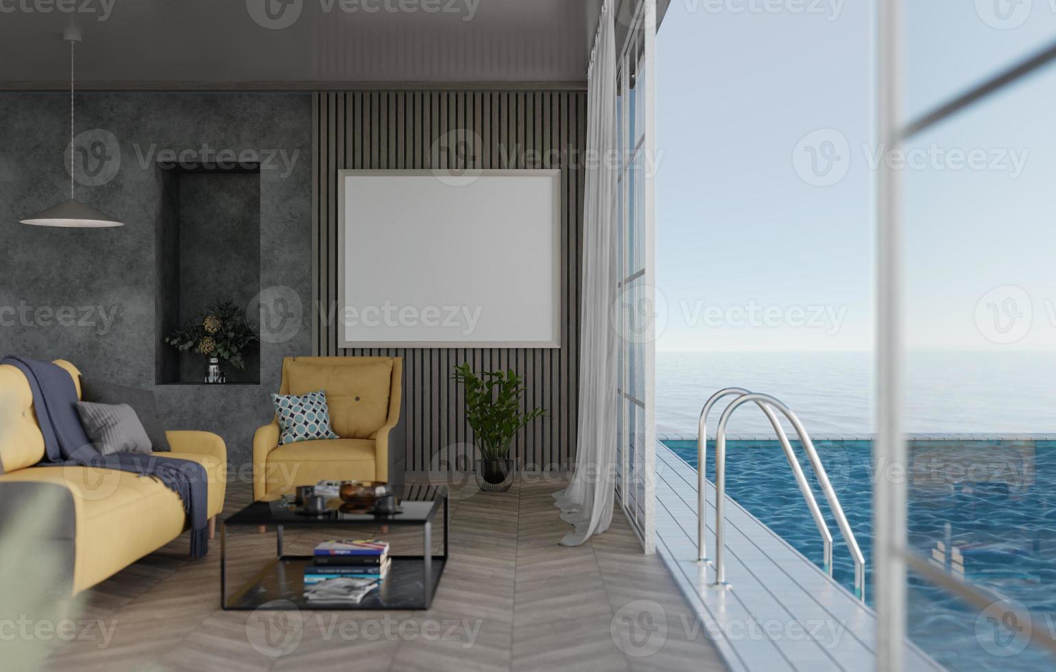 3D mockup blank photo frame in living room rendering