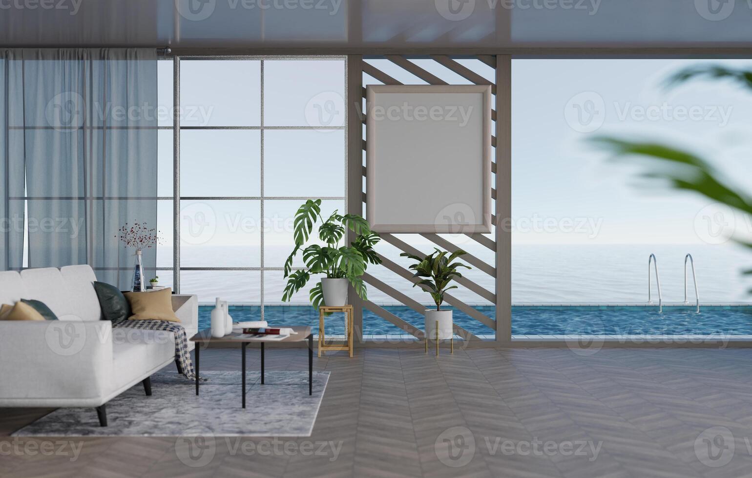 3D mockup blank photo frame in living room rendering