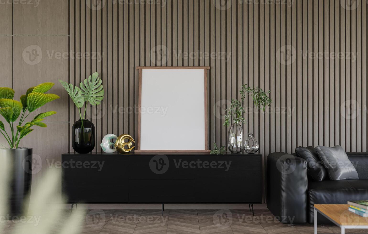 3D mockup blank photo frame in living room rendering