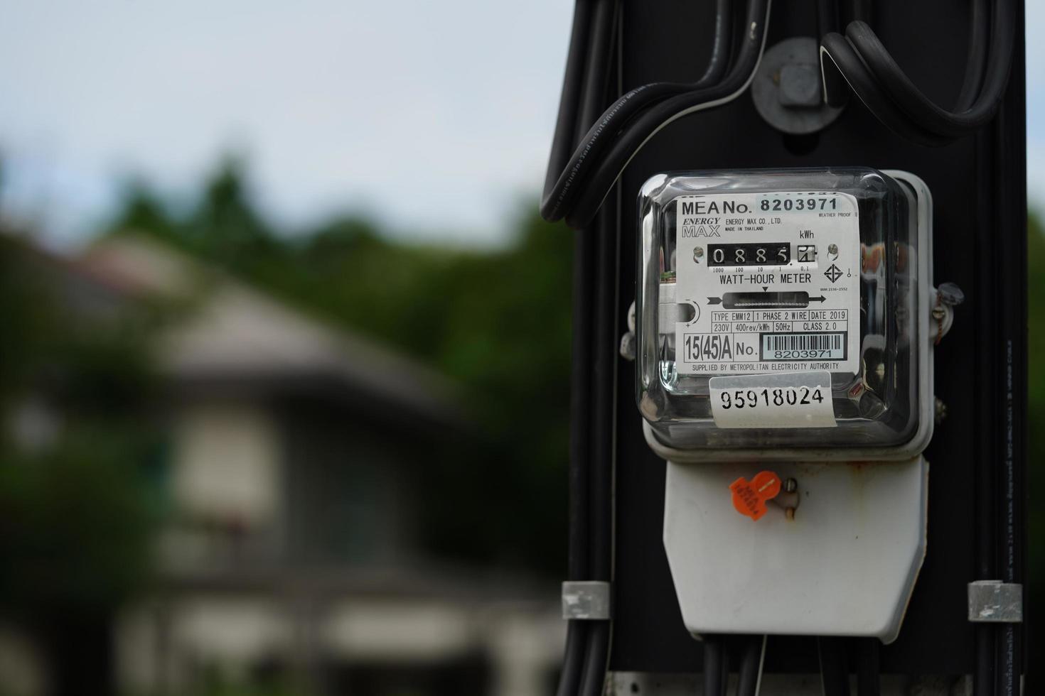 Bangkok, Thailand - May 15, 2022 Electric measuring power meter for energy cost at home and office. photo